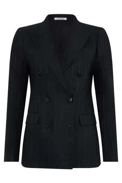 0205 Tagliatore Double-breasted Striped Linen-blend Blazer In Black