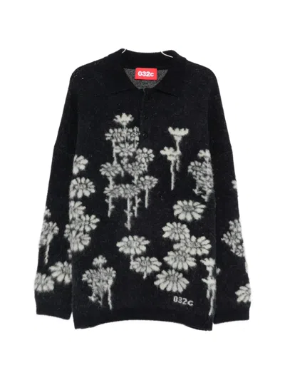 032c Floral-print Knit Polo Shirt In Black