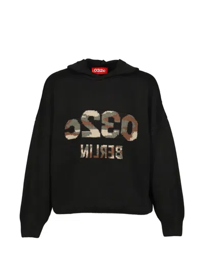 032c Selfie Intarsia-knit Camouflage-pattern Hoodie In Black