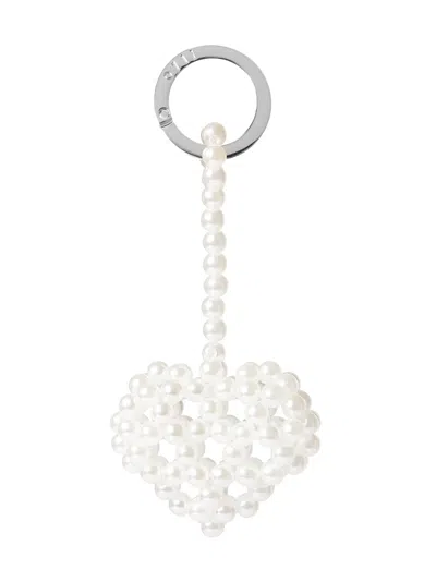 0711 Heart-shaped Beaded Keychain In White