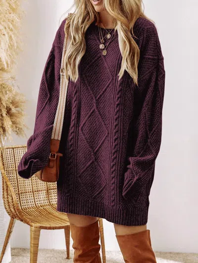 1 The Woman Cable Knit Drop Shoulder Loose Fit Sweater Dress In Burgundy In Purple
