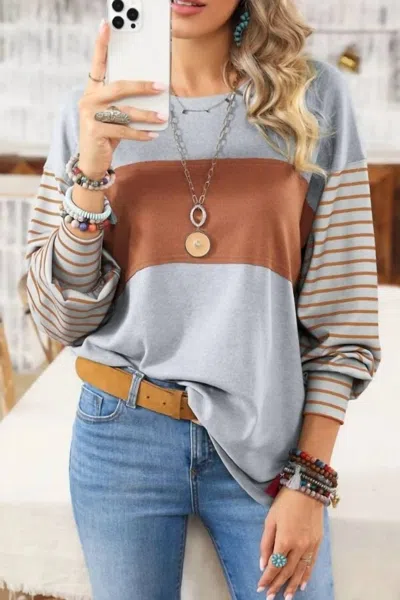 1 The Woman Colorblock Striped Bishop Sleeve Top In Grey/brown In Multi