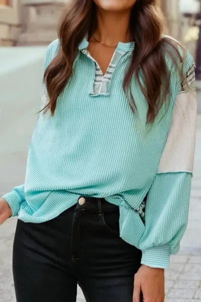 1 The Woman Corded Texture Plaid Colorblock Patchwork Long Sleeve Top In Teal In Blue