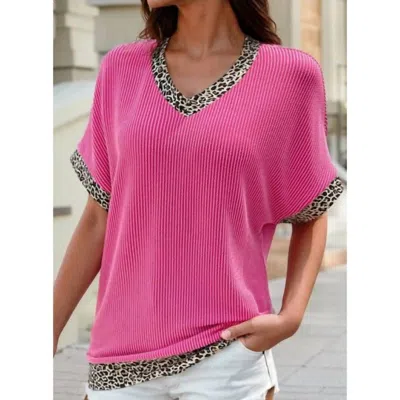 1 The Woman Leopard Trim Ribbed Top In Hot Pink