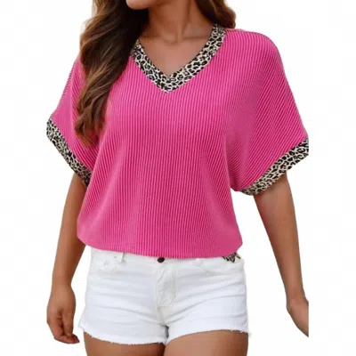 1 The Woman Leopard Trim V-neck Top In Hot Pink