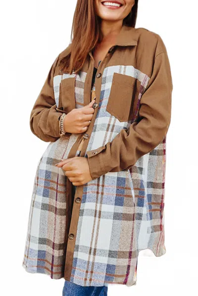 1 The Woman Plaid Patch Work Long Sleeve Shirt Mini Fall Dress In Brown In Multi