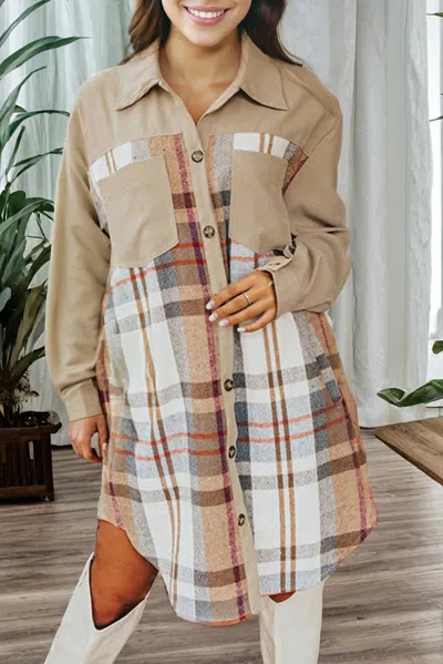 1 The Woman Plaid Patch Work Long Sleeve Shirt Mini Fall Dress In Khaki In Multi