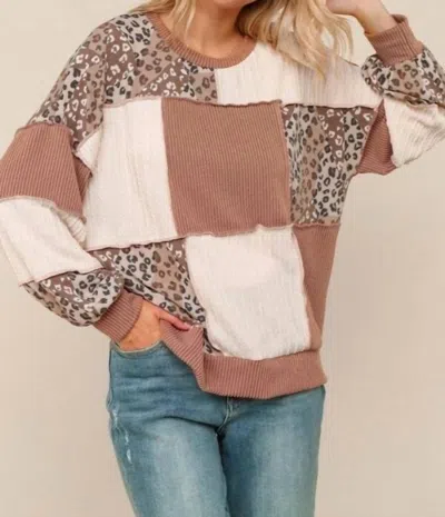 1 The Woman Rib Cable Knit Leopard Pullover Knit Top In Rust In Multi