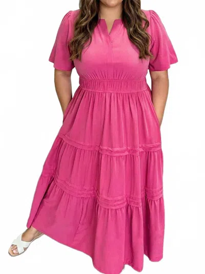 1 The Woman Split Neck Short Sleeve Flare Tiered Maxi Dress - Plus In Pink