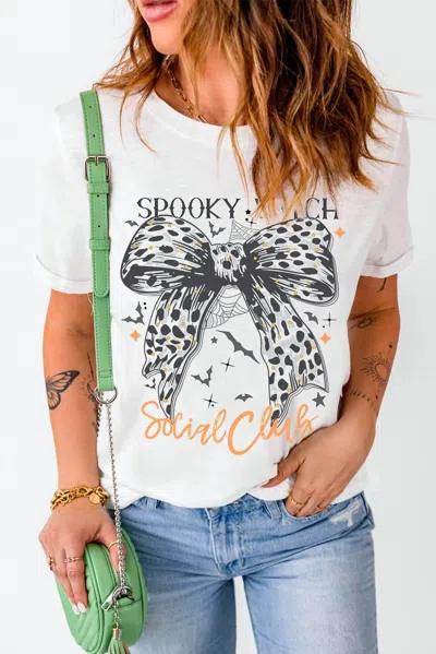 1 The Woman Spooky Witch Leopard Bowknot Bat Graphic Halloween Top In White In Multi