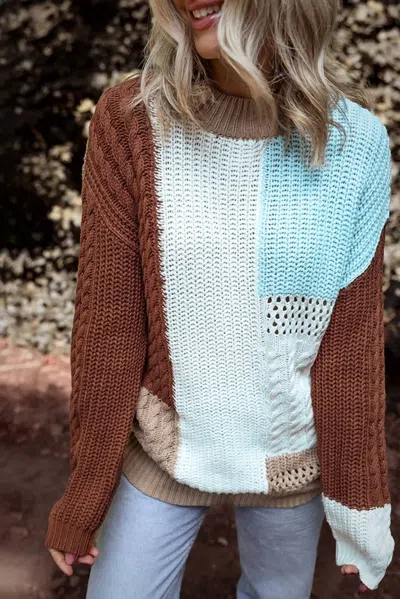1 The Woman Textured Knit Colorblock Patchwork Sweater In Khaki Mixed In Multi