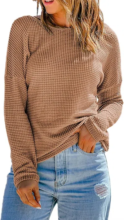 1 The Woman Waffle Knit Drop Shoulder Long Sleeve Top In Apricot In Brown