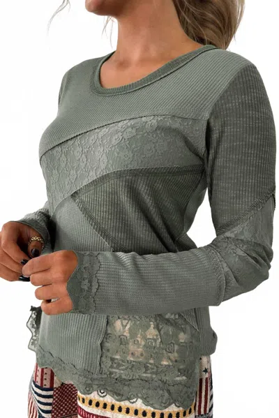 1 The Woman Waffle Ribbed Lace Patchwork Long Sleeve Top In Sage Green