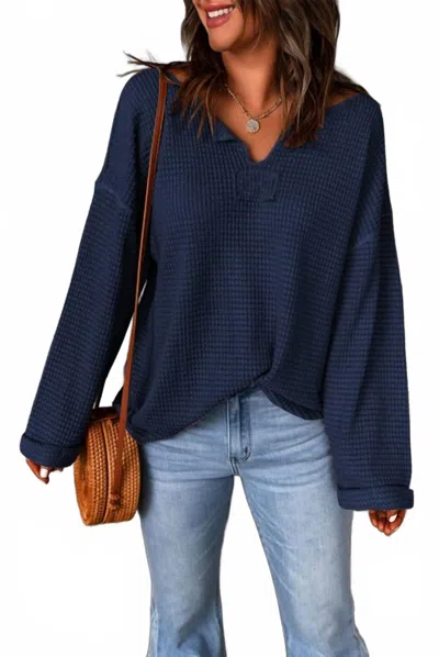 1 The Woman Whitney Waffle Knit Long Sleeve Top In Navy