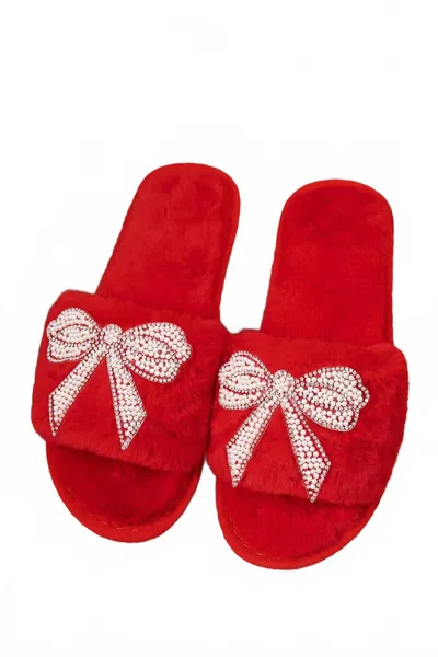 1 The Woman Women's Plush Rhinestone Bow Slippers In Red
