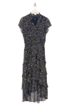 1.state Floral Tiered High-low Dress In Denim Blue/ Yellow