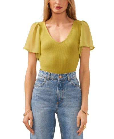 1.state Women's Flutter Short Sleeve V-neck Knit Top In Moss Green
