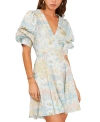 1.STATE WOMEN'S FLORAL V-NECK TIERED BUBBLE PUFF SLEEVE MINI DRESS