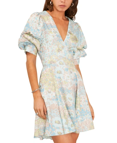 1.state Women's Floral V-neck Tiered Bubble Puff Sleeve Mini Dress In Blue River