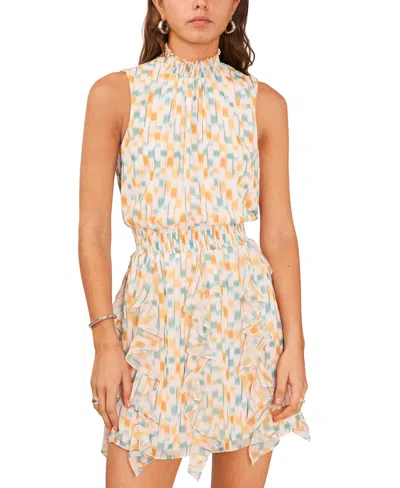 1.state Women's Printed Smocked Sleeveless Mock Neck Ruffled Mini Dress In Symphonic Sunset