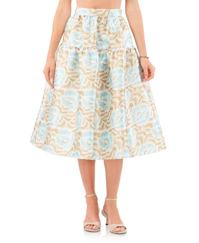 1.state Women's Printed Low Yoke Puffy Midi Skirt In Blue River