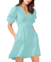 1.STATE WOMEN'S V-NECK TIERED BUBBLE PUFF SLEEVE MINI DRESS