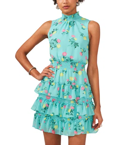 1.state Women's Floral Smocked Sleeveless Mock Neck Tiered Mini Dress In Ocean Teal