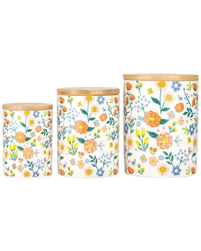 10 Strawberry Street 3pc Folk Floral Spring Ceramic Kitchen Canister Set In White