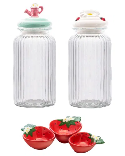 10 Strawberry Street Daisy & Watering Can Glass Canisters With Strawber