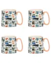 10 Strawberry Street Set Of 4 Bella Mugs: Coral Cat