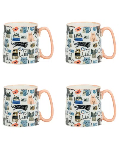 10 Strawberry Street Set Of 4 Bella Mugs: Coral Cat In Animal Print