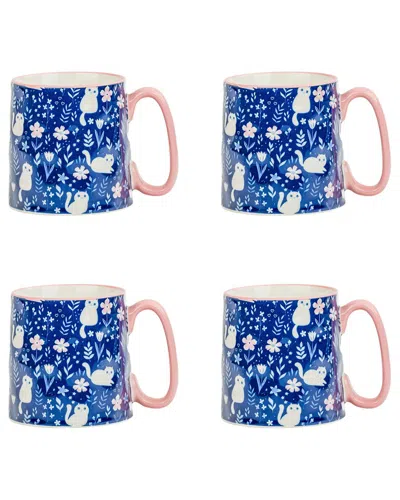 10 Strawberry Street Set Of 4 Bella Mugs: Curious Kitty In Blue