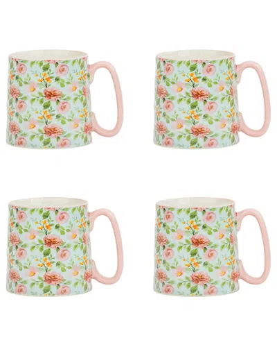 10 Strawberry Street Set Of 4 Bella Mugs: Rose On Blue In Green