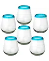 10 Strawberry Street Set Of 6 Aqua Rim Stemless Wine Handblown Mexican Glasses