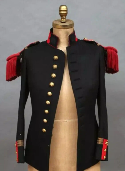 Pre-owned 100% 19th Century French Black Wool / Red Collar Strap Military Jacket