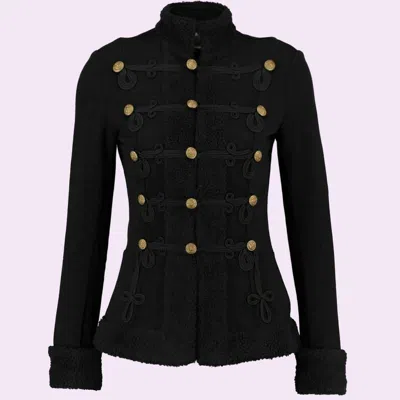 Pre-owned 100% Black Ladies Fur And Wool Coat Braid Jacket Black Ladies Officer's Wool Jacket