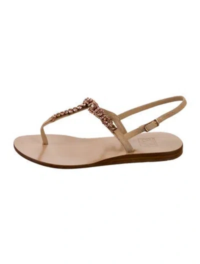 Pre-owned 100% Capri Leather Crystal Embellishments T-strap Sandals In Neutral