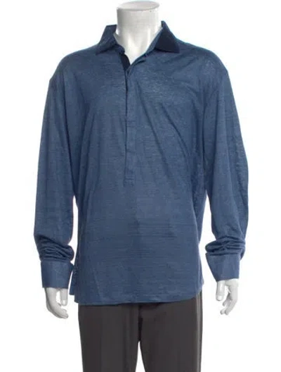 Pre-owned 100% Capri Linen Collar Polo Shirt In Blue