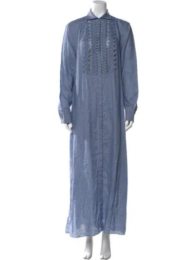 Pre-owned 100% Capri Linen Long Dress In Blue