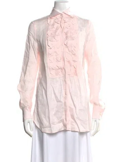 Pre-owned 100% Capri Linen Long Sleeve Blouse In Pink
