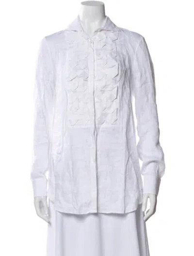 Pre-owned 100% Capri Linen Long Sleeve Blouse In White