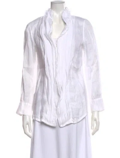 Pre-owned 100% Capri Linen Long Sleeve Blouse In White
