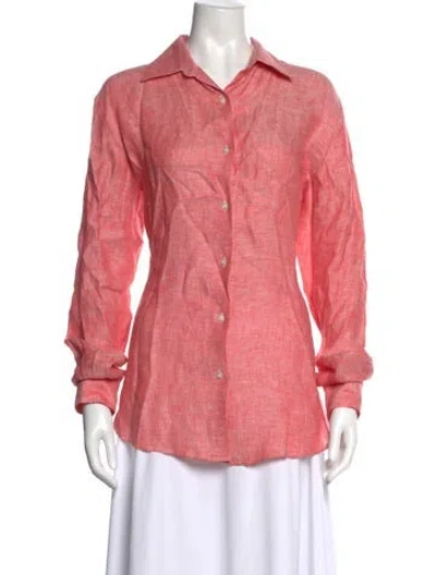 Pre-owned 100% Capri Linen Long Sleeve Button-up Top In Red