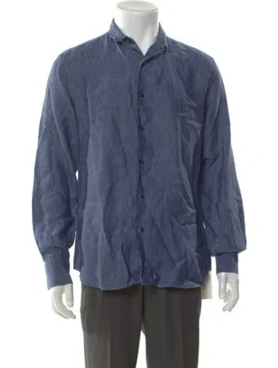 Pre-owned 100% Capri Linen Long Sleeve Denim Shirt In Blue