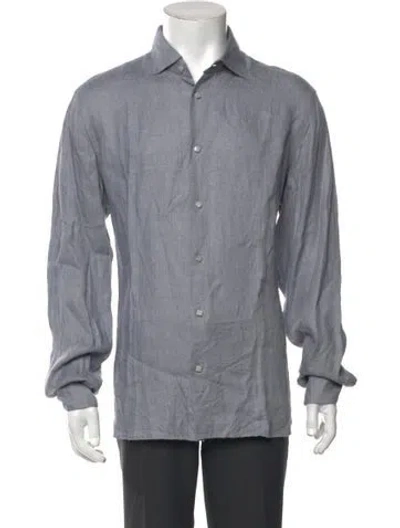 Pre-owned 100% Capri Linen Long Sleeve Dress Shirt In Blue