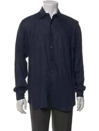 Pre-owned 100% Capri Linen Long Sleeve Dress Shirt In Blue