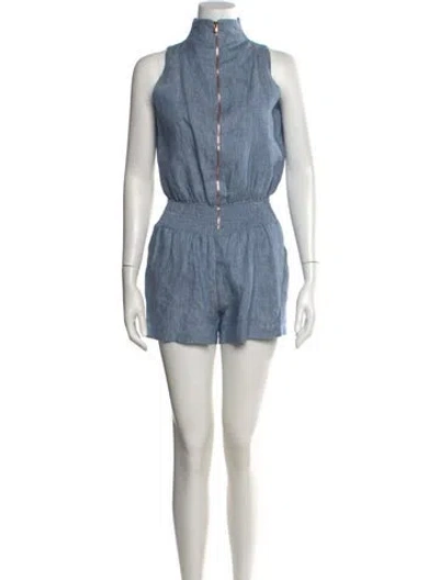 Pre-owned 100% Capri Linen Mock Neck Romper In Blue
