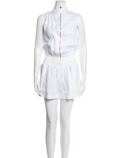 Pre-owned 100% Capri Linen Mock Neck Romper In White