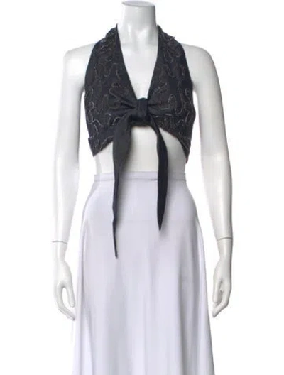 Pre-owned 100% Capri Linen Patterned Crop Top In White