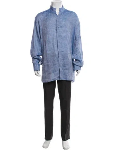 Pre-owned 100% Capri Linen Printed Dress Shirt In Blue